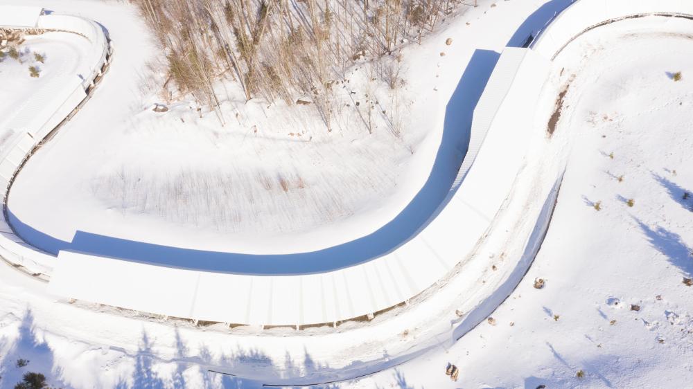 Aerial view of a portion of the famed 1932 and 1980 Winter Olympic bobsled track in Lake Placid Aerial view of a portion of the famed 1932 and 1980 Winter Olympic bobsled track in Lake Placid