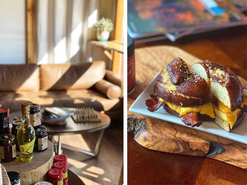 On the left is a photo of the table full of jams, mustards, and other items for sale. To the right is the most delicious breakfast sandwich you've ever seen, made on a sourdough pretzel bagel.