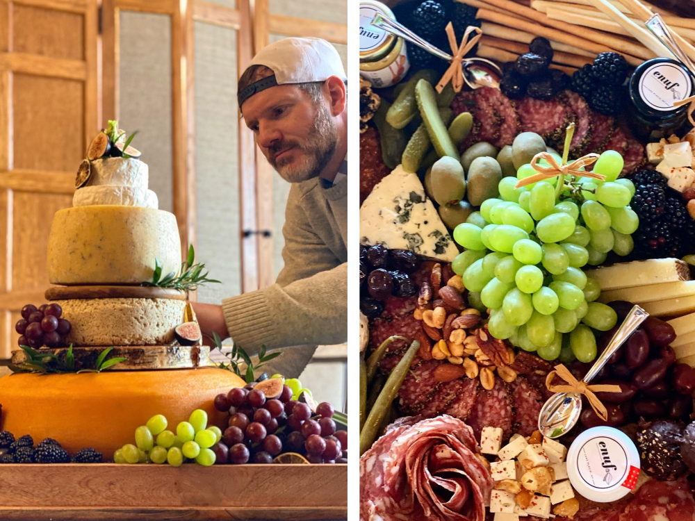 In the photo to the left, Dan decorates a tower of cheese wheels. On the right is a close up of one of their jammed packed cheese and grape boards
