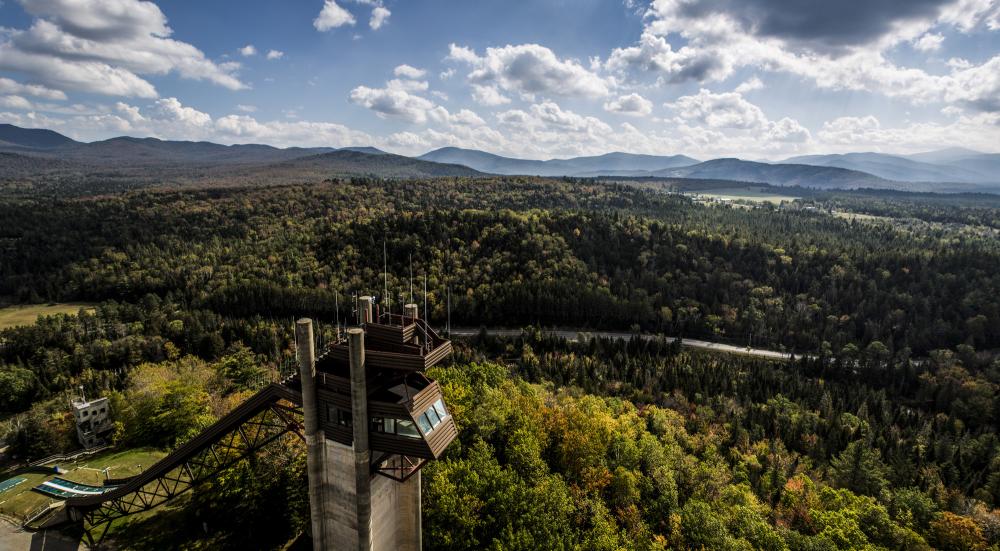 An aerial view of ski jumps