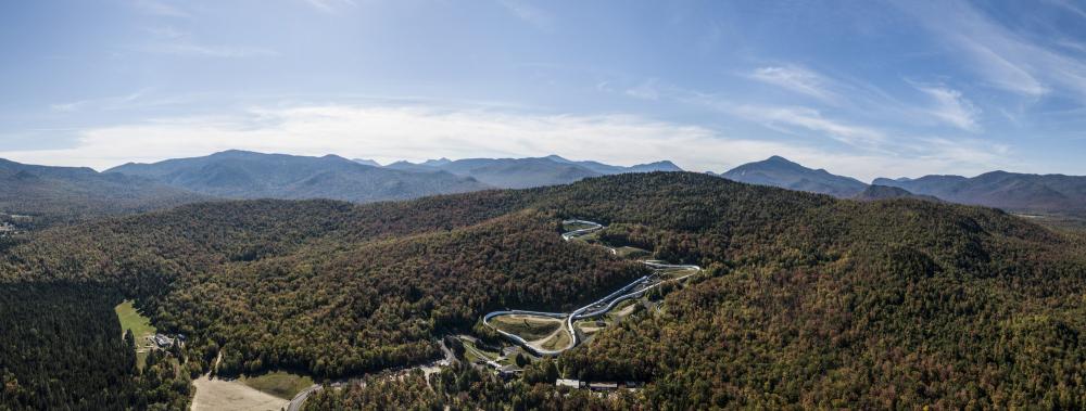 Aerial view of forest and the Mt. Van Hoevenberg Campus