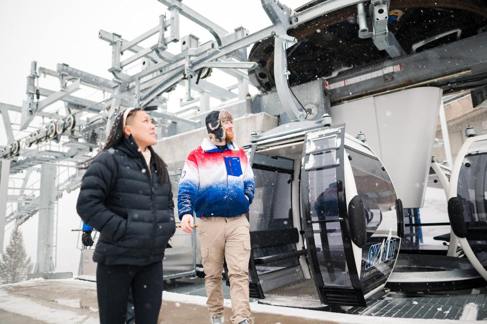 A couple prepares to go on the Skyride.