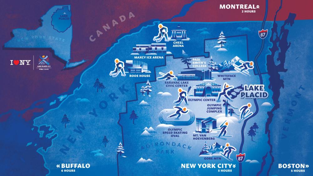 An illustrated map showing communities in the Adirondack Mountains where the 2023 World University Games will take place.