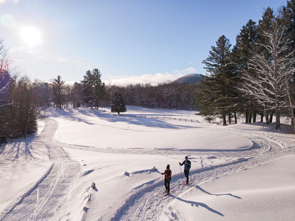 A man and woman cross-country ski on an open meadow, surrounded by trees, with a mountain in the background.