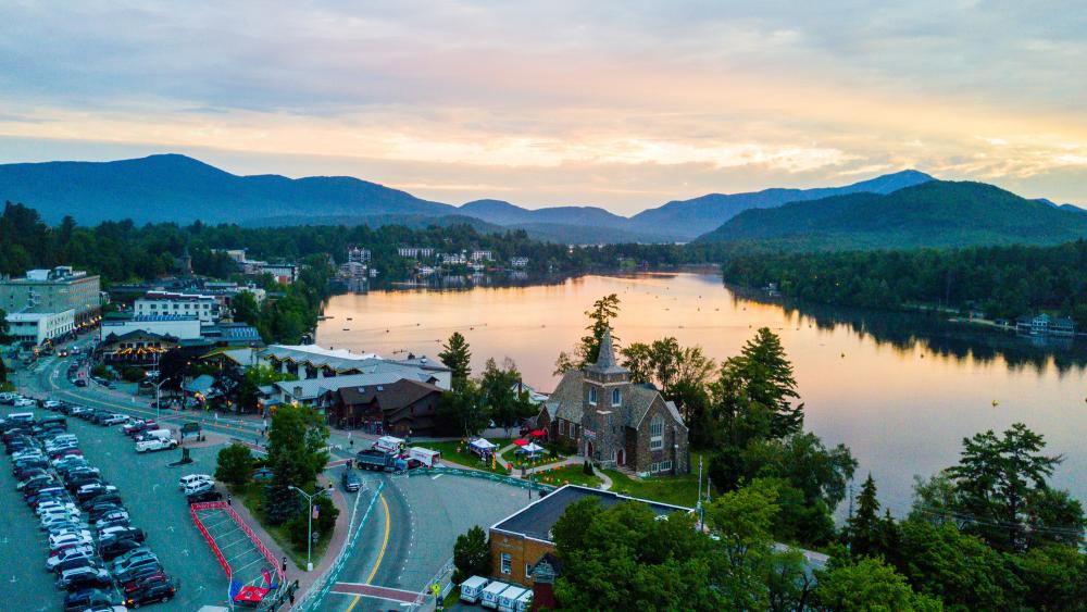 An aerial view of Lake Placid at sunset.