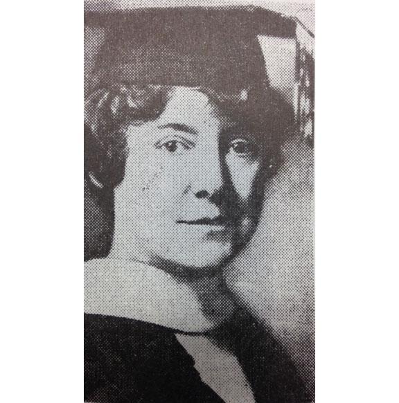 A portrait of Mabel Smith Douglass in black and white.