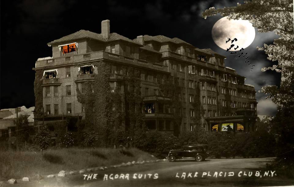 A spooky image of a haunted Adirondack hotel.