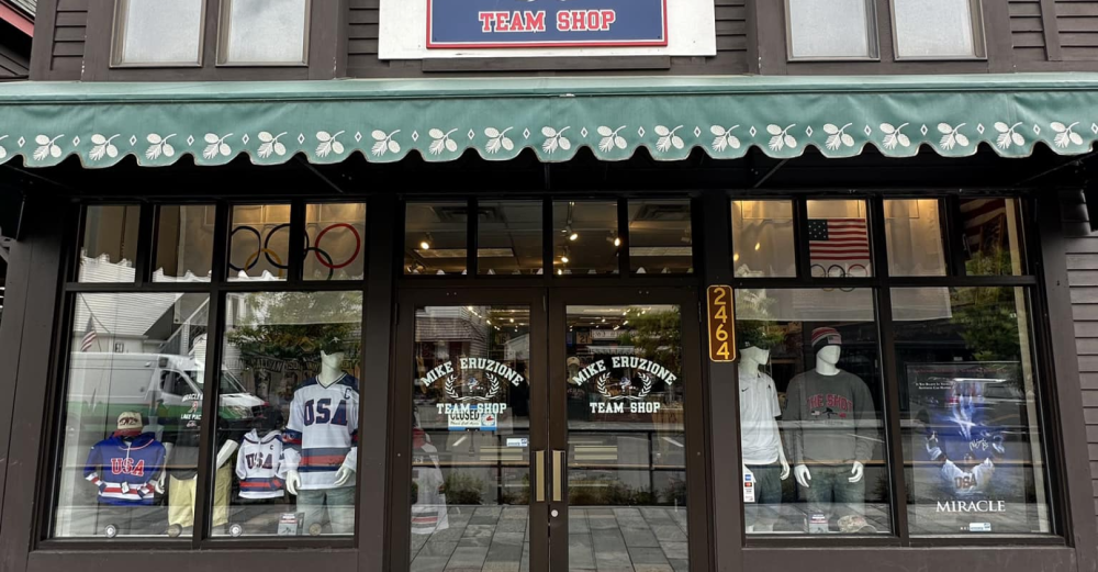 The storefront display of Mike Eruzione Team Shop on Main Street, Lake Placid