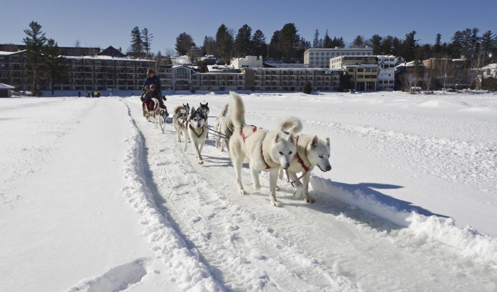 Dogsleds pull riders on Mirror Lake in Lake Placid