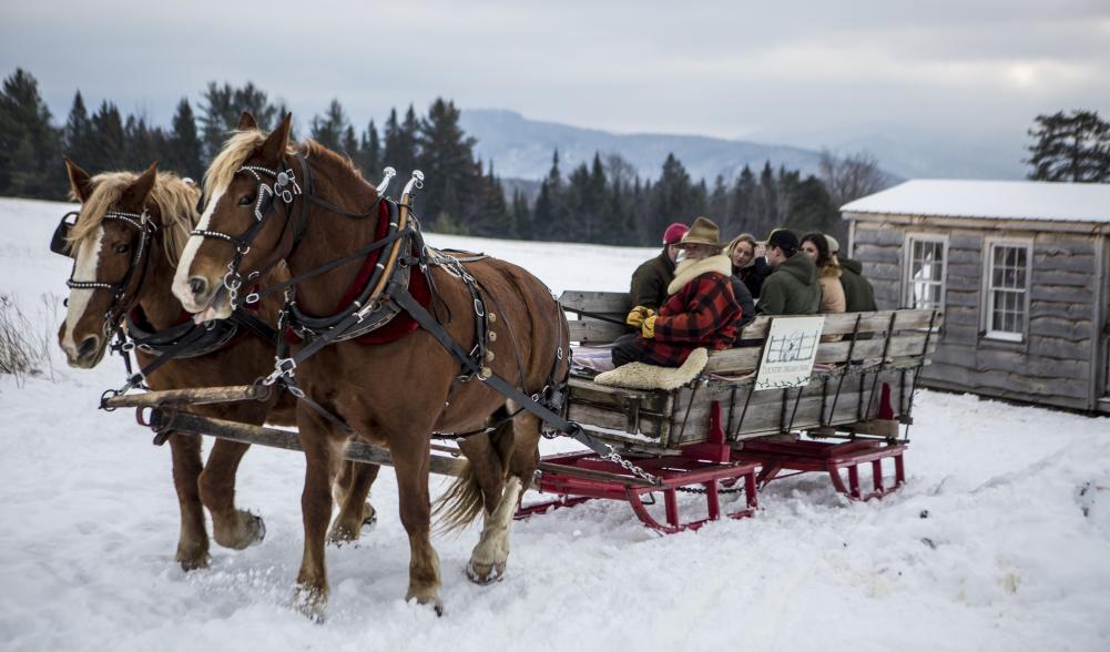 Sleigh ride begins by leaving the cabin.