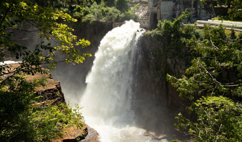 View of a waterfall at Ausable Chasm in Keeseville, New York during summer