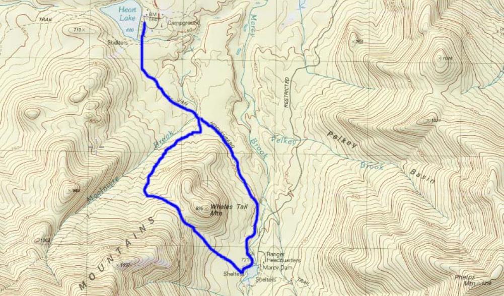 The Whale's Tail Ski Route highlighted in blue