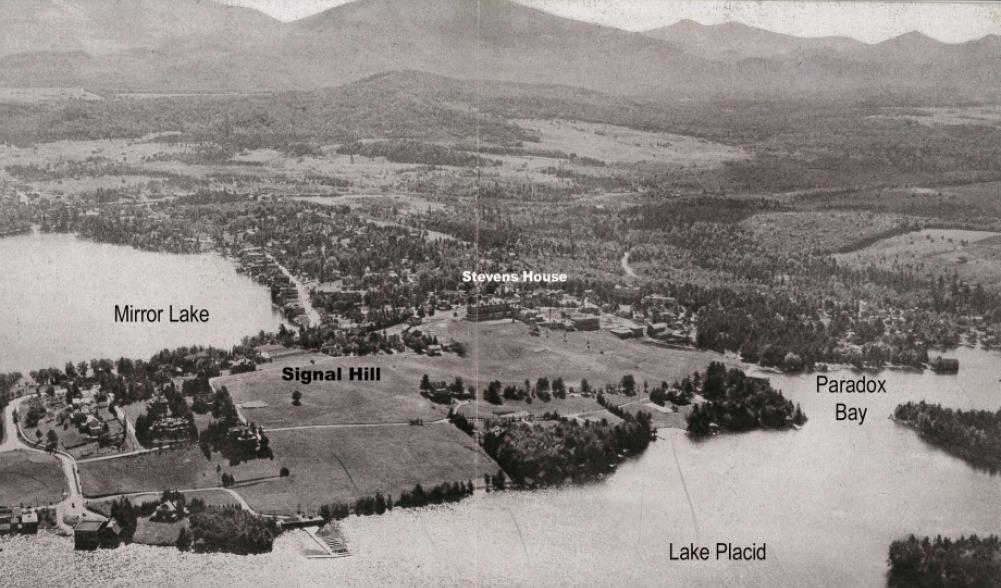 An aerial view of Lake Placid Village from the early 1900's