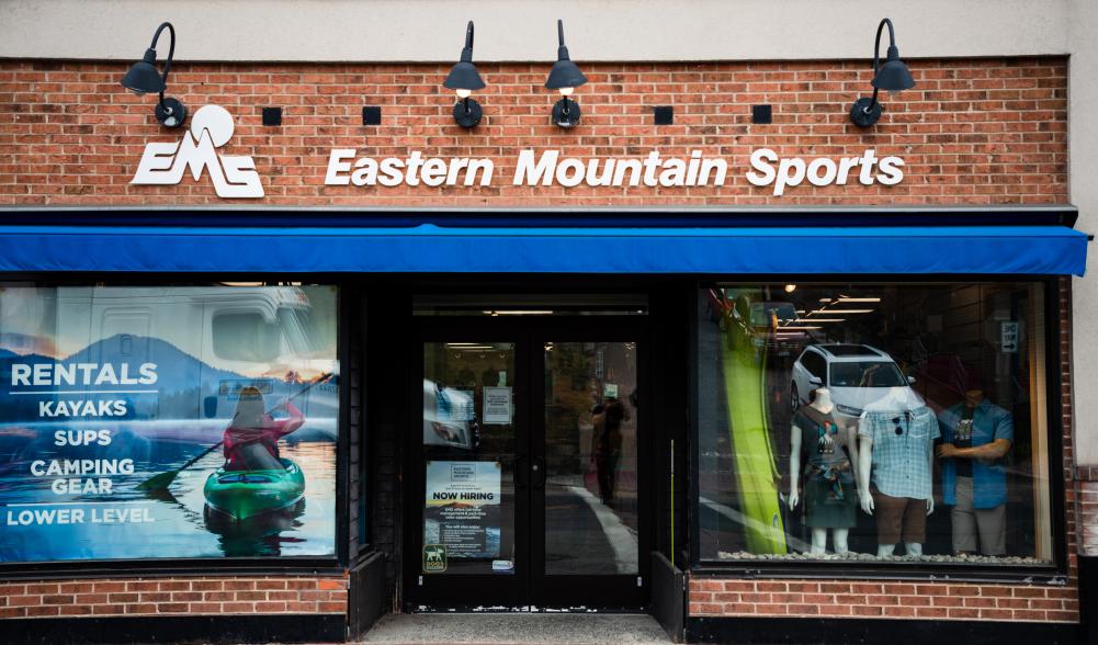 The front windows of Eastern Mountain Sports in Lake Placid