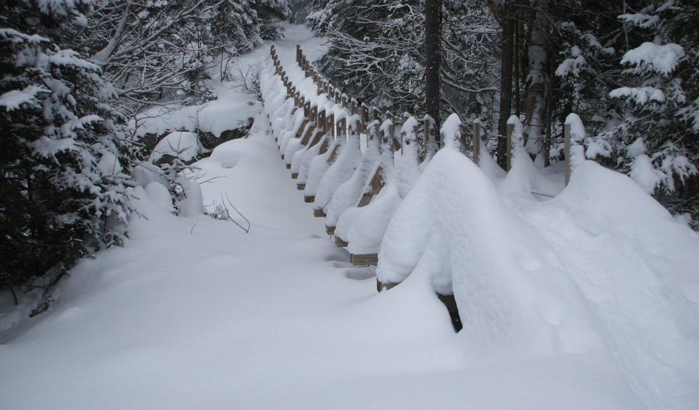 The suspension bridge near Johns Brook Lodge covered in snow