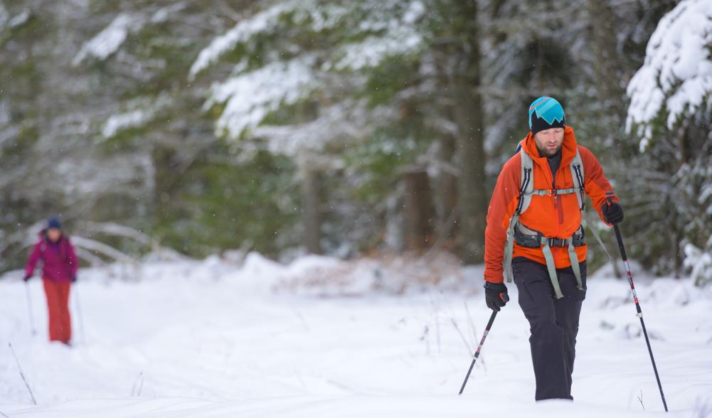 A male cross-country skier skiing down a snowy trail in the woods with a woman skiing in the background.