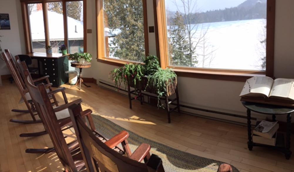 Lake Placid Public Library reading room with a view.