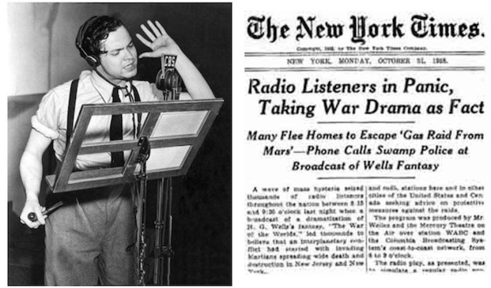 Orson Welles direction of the radio play, (left) and the resulting headlines (right.)