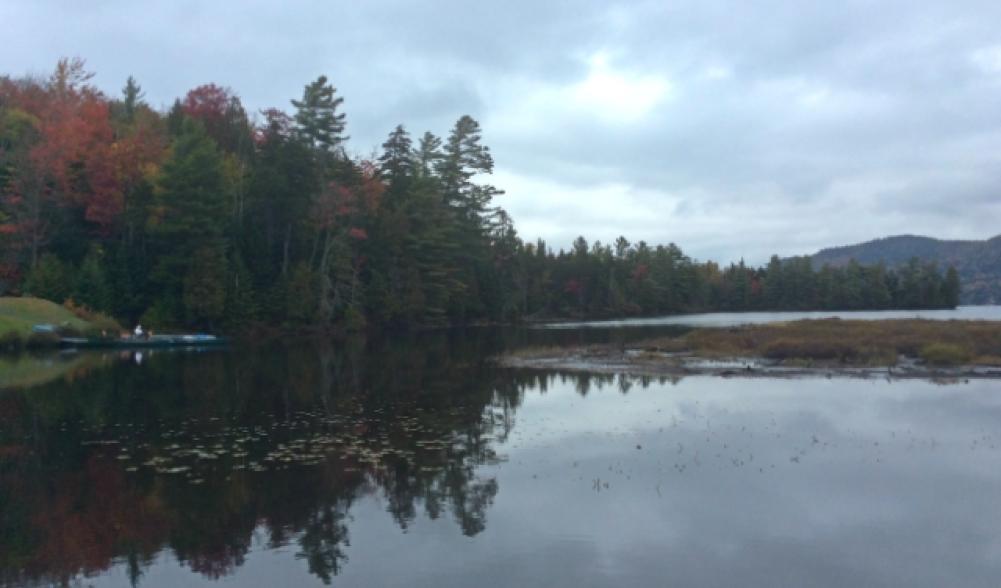 And in back, Lake Placid, the lake. There are canoes and Adirondack chairs and the McKenzie Mountain wilderness in the background.