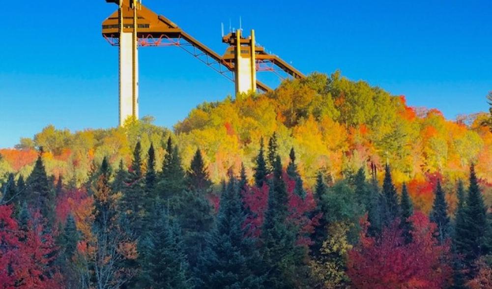 Easiest summit view in town -- the top of the 120 meter ski jump, with 360 degree foliage views.