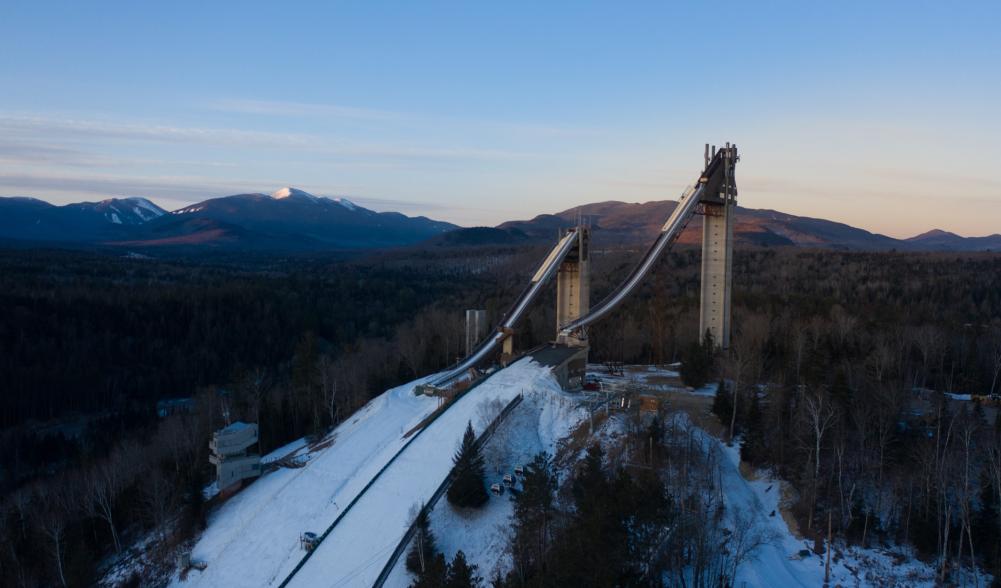 An aerial view of the Olympic Jumping Complex at sunrise.