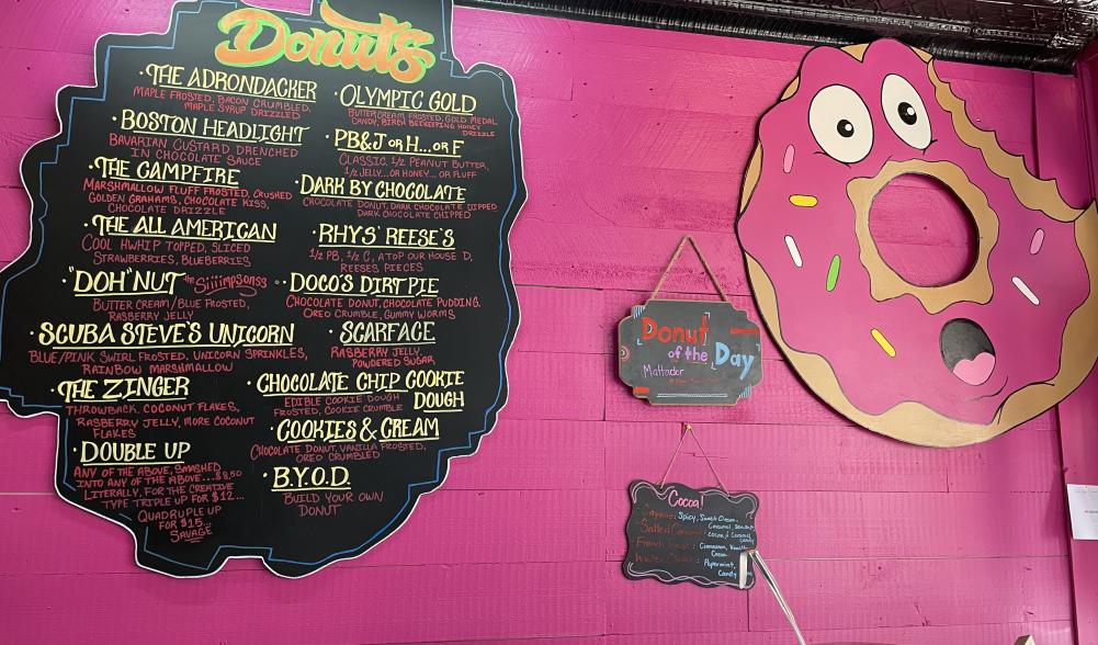 The most wonderful donut menu, shaped like the Adirondack Park.