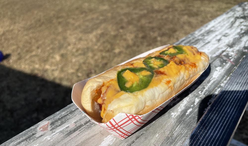 A Cocoa and Dough, Co. hot dog on a picnic table.