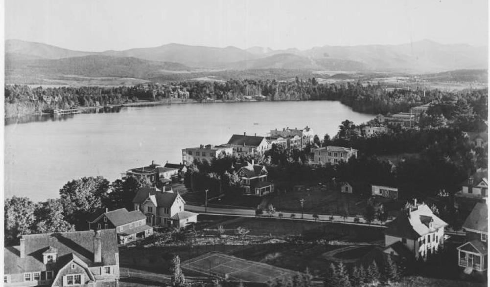 Vintage aerial photo of Lake Placid and Mirror Lake, circa 1926. Image courtesy Lake Placid Public Library.