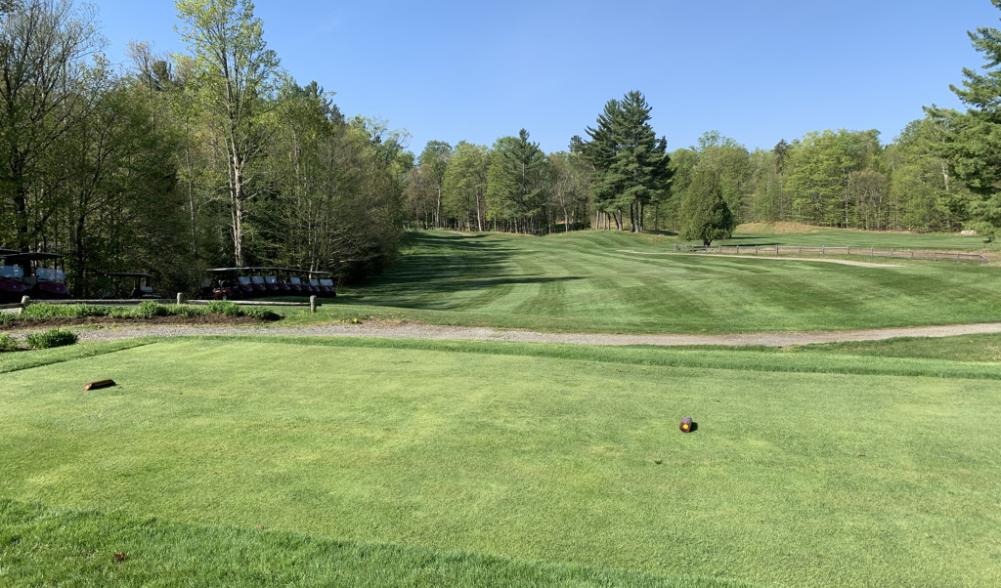 The #1 tee and fairway at Whiteface Resort in the sunshine, with trees all around.