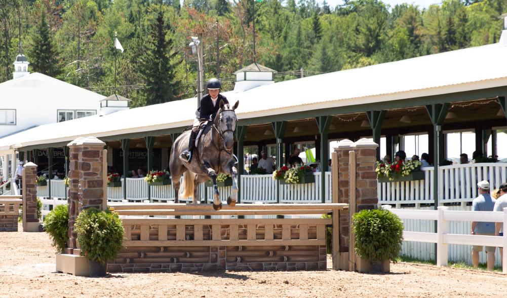 A participant riding a horse as it jumps during competition