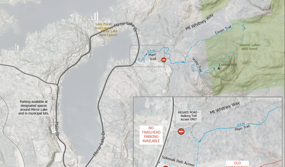 Map of Cobble Hill and where to park in Lake Placid.