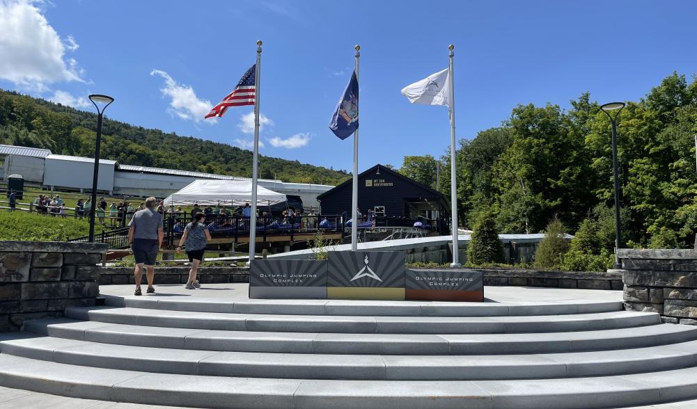 The medal ceremony stand with the Mountain Coaster in the background.