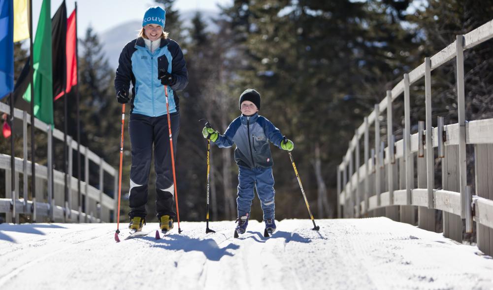 Mother and son cross country ski across bridge