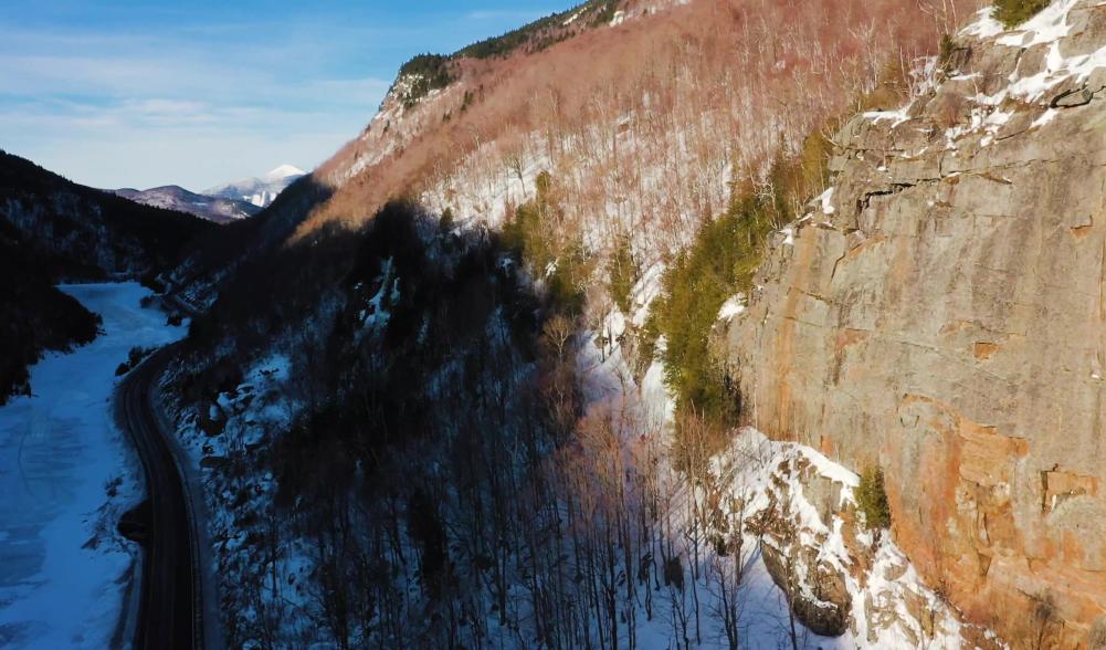 An aerial shot of Cascade Pass in winter