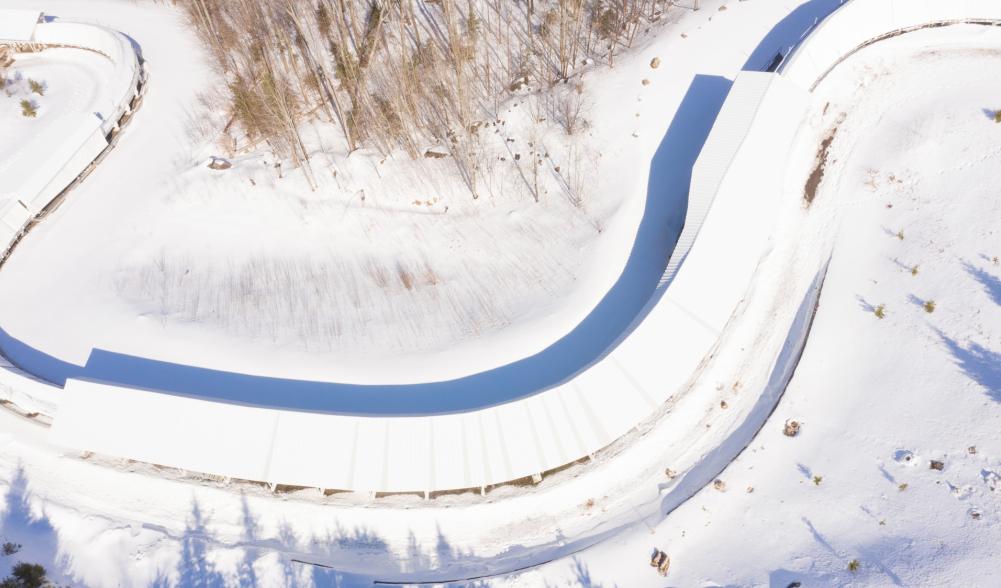Aerial view of a portion of the famed 1932 and 1980 Winter Olympic bobsled track in Lake Placid