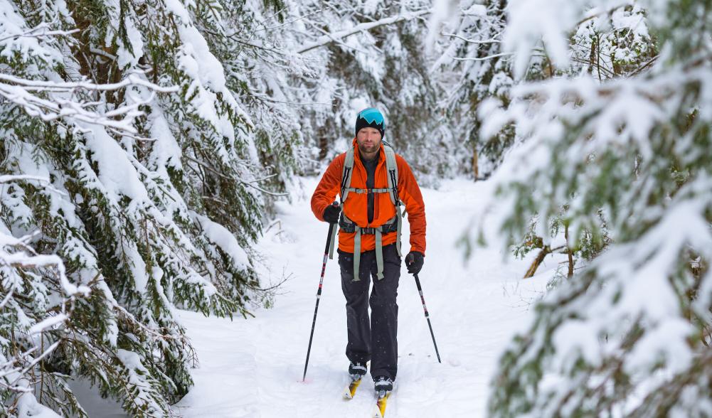 A man with a beard and a red jacket skis on a narrow trail lined with snow covered pine trees.