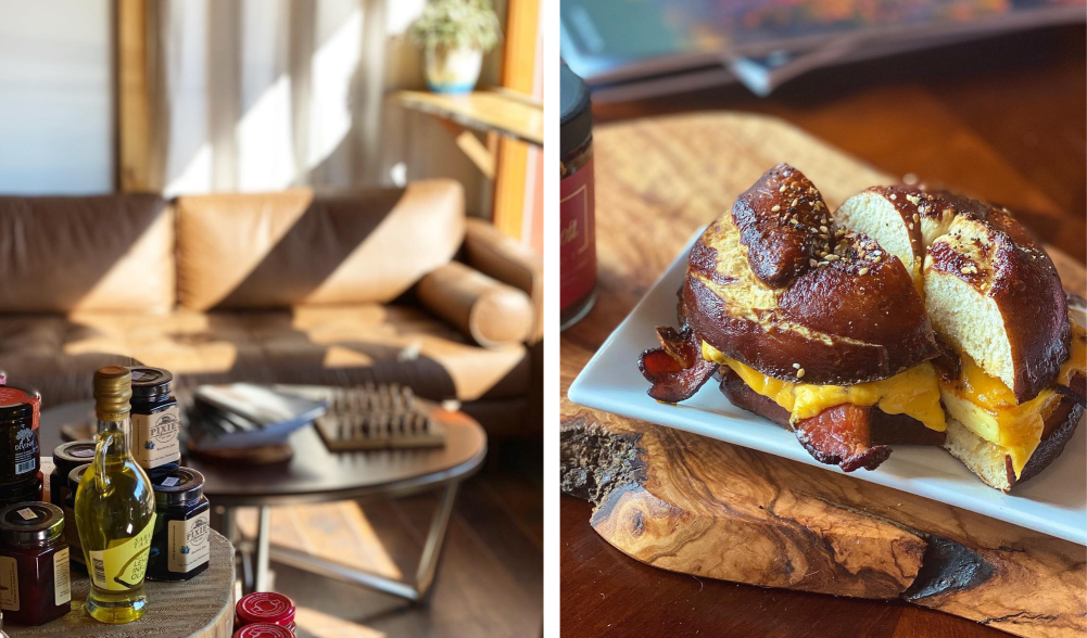 On the left is a photo of the table full of jams, mustards, and other items for sale. To the right is the most delicious breakfast sandwich you've ever seen, made on a sourdough pretzel bagel.