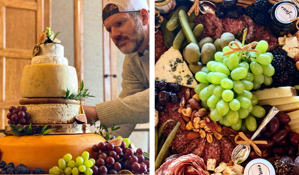 In the photo to the left, Dan decorates a tower of cheese wheels. On the right is a close up of one of their jammed packed cheese and grape boards