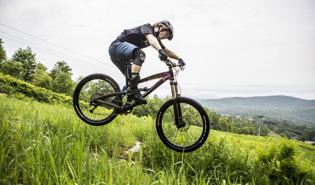 A person on a mountain bike descends a grassy hill.