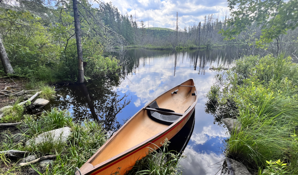 A  light brown lightweight canoe at a launch on a backcountry river.