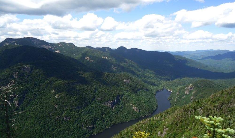 A long lake stretches out below High Peaks of green under a blue sky.