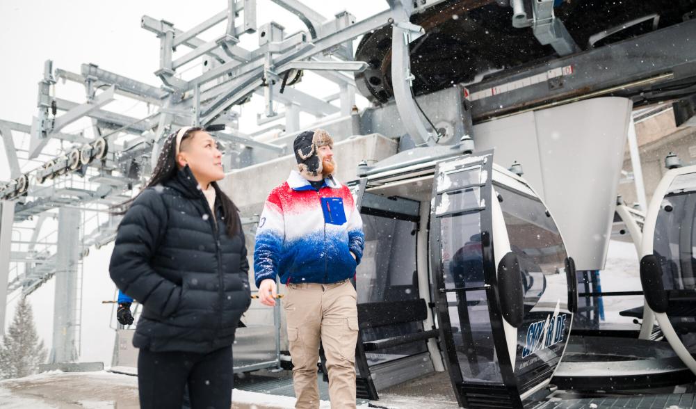 A couple prepares to go on the Skyride.