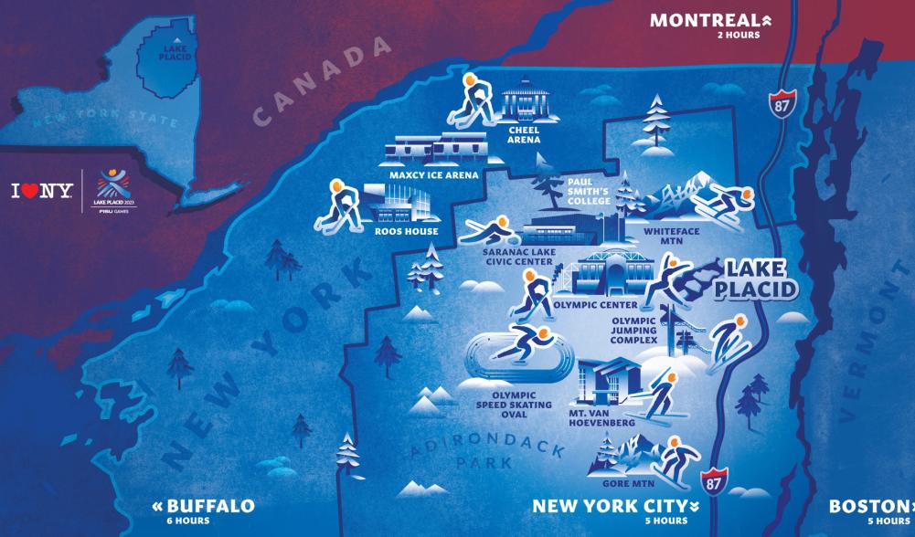 An illustrated map showing communities in the Adirondack Mountains where the 2023 World University Games will take place.