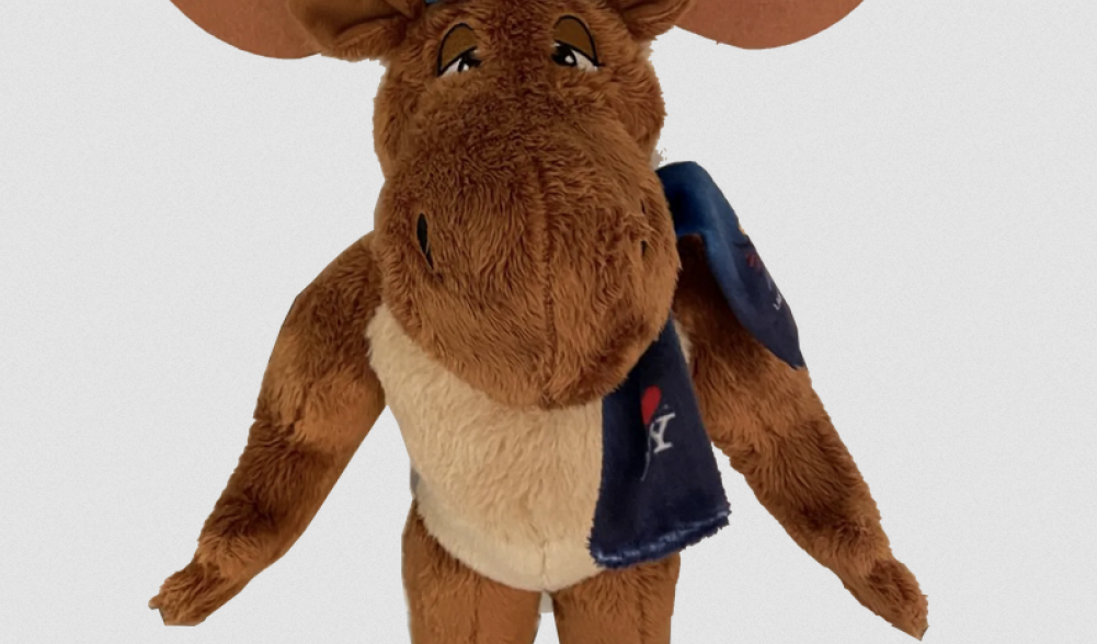 A stuffed toy of a moose mascot wearing a winter hat and scarf