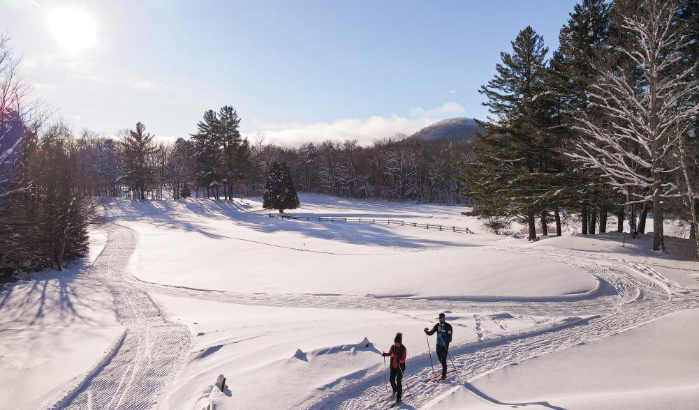 A man and woman cross-country ski on an open meadow, surrounded by trees, with a mountain in the background.