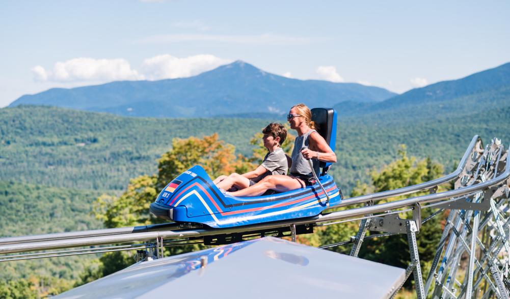 A woman and a boy ride a blue, bobsled-style coaster on rails, with mountain views beyond.