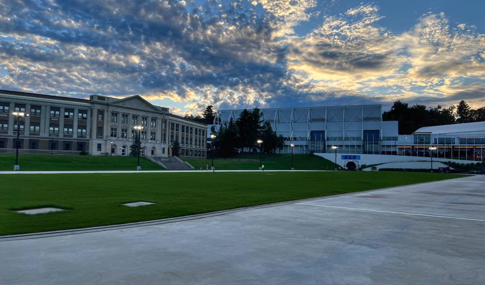 The Lake Placid High School and Olympic Center overlook the Olympic Speedskating Oval.