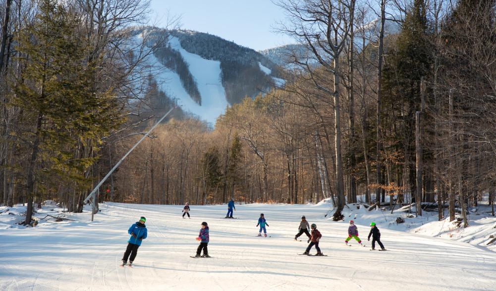 A group of kids skiing down an easy slope.