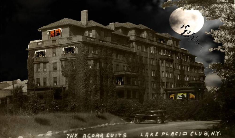 A spooky image of a haunted Adirondack hotel.