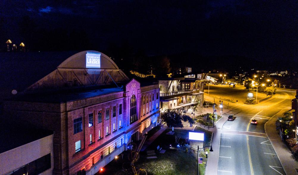 The Olympic Center on Main Street, Lake Placid at night.